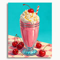 Cherry Milkshake: a pink milkshake topped with whipped cream and a cherry against a turquoise background.