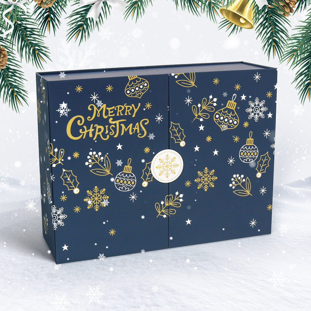Blue Christmas-themed box with gold and white decorations on a snowy background