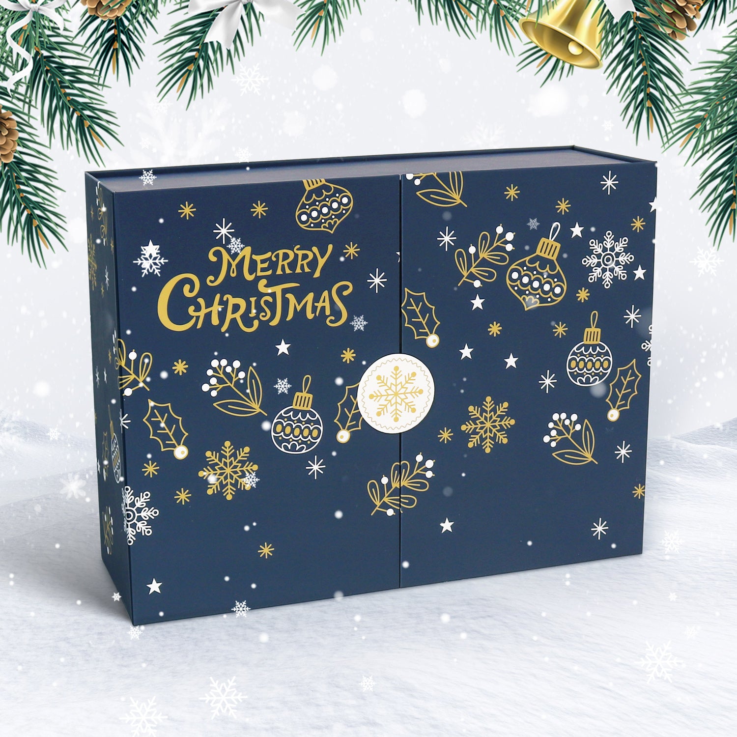 Blue Christmas-themed box with gold and white decorations on a snowy background