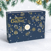Blue Christmas-themed box with gold and white decorations on a snowy background