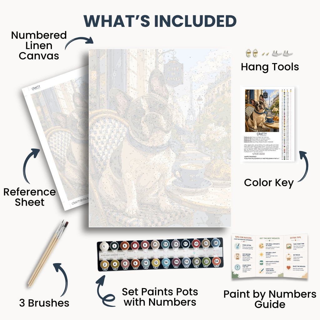 Parisian Bulldog kit contents with numbered canvas, paints, brushes and guide
