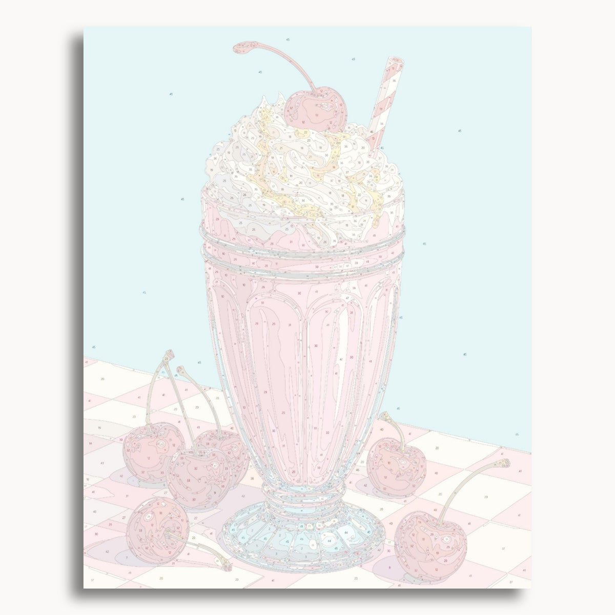 Numbered canvas preview for Cherry Milkshake, showing outlined painting sections and color numbers.