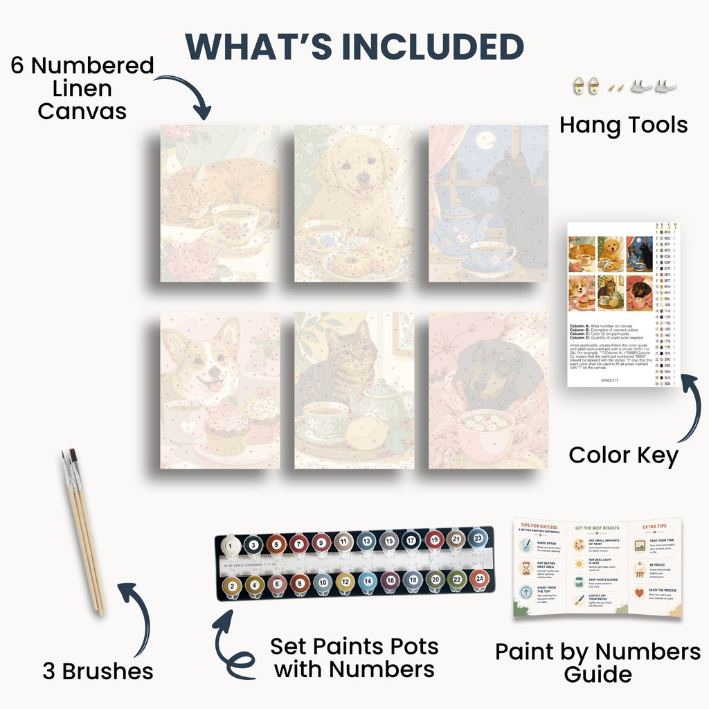 Contenido del mini kit Cozy Pets con seis lienzos, pinturas, pinceles y guía.
