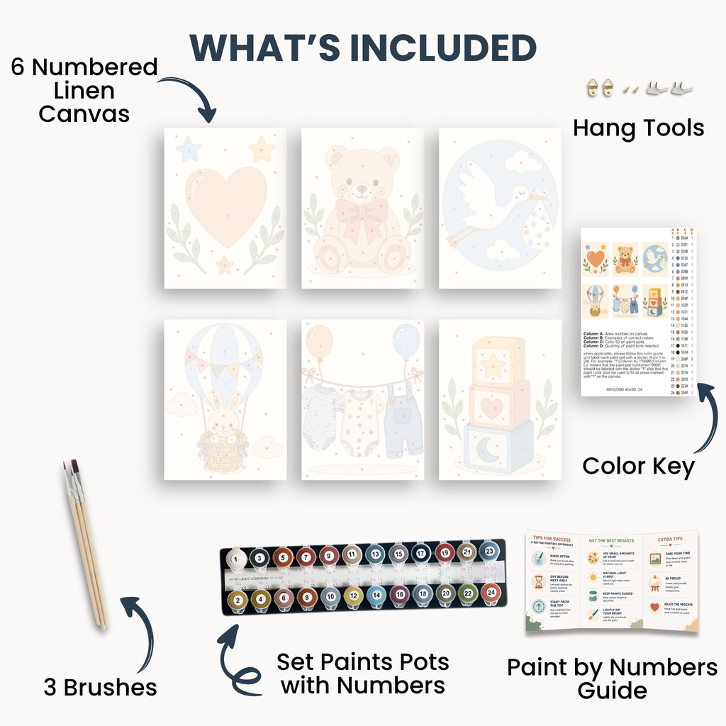 Baby Nursery mini kit contents with six canvases, paints, brushes and guide