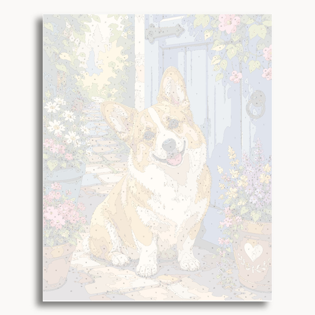 Vorschau der nummerierten Leinwand für das Malen-nach-Zahlen-Set „Garden Corgi“.