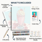 Cherry Milkshake kit contents: numbered canvas, paints, three brushes, reference sheet, color key, painting guide and hanging hardware.