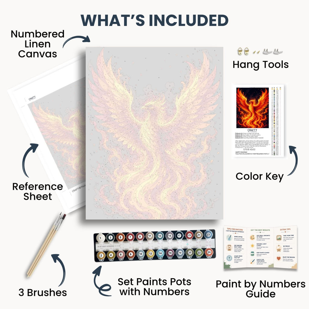 Fire Phoenix kit contents with numbered canvas, paints, brushes and guide
