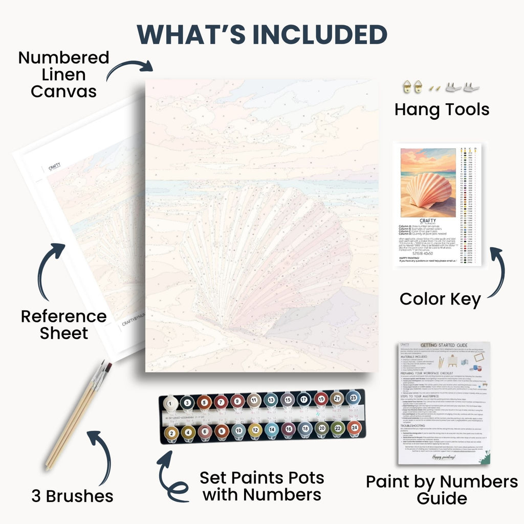 Sunset Shell kit contents with numbered canvas, paints, brushes and guide