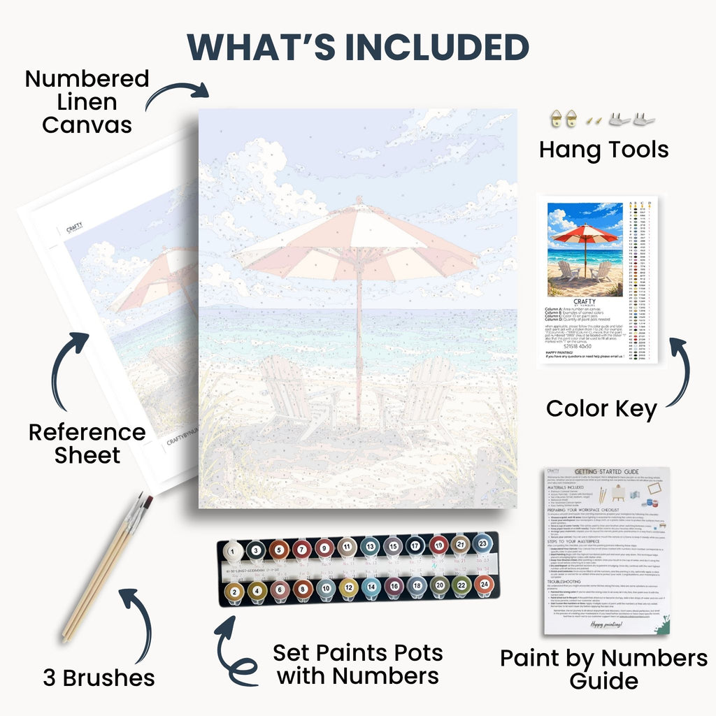 Beach Umbrella Chairs kit contents with numbered canvas, paints, brushes and guide