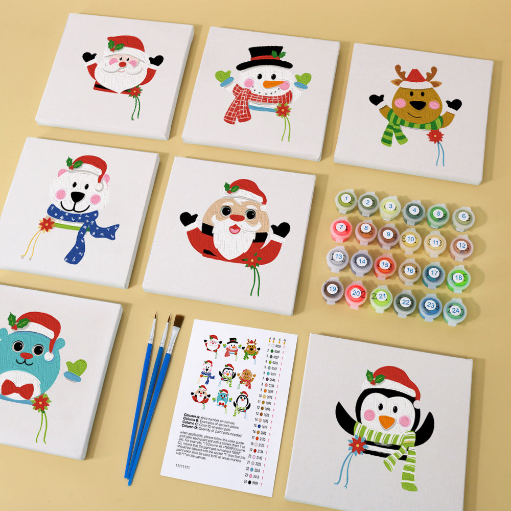 Christmas Pals painting kit with cozy winter cabin illustration