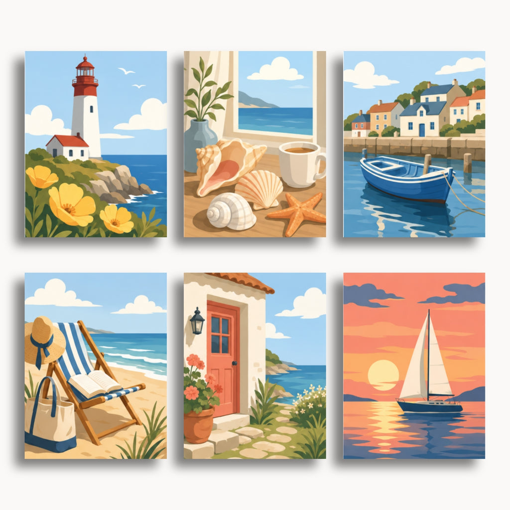 Coastal Escape mini paint by numbers set with six finished designs