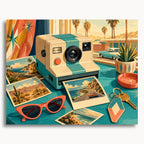 Vintage Travel Camera: a vintage instant camera with travel photos, red sunglasses and a motel key.