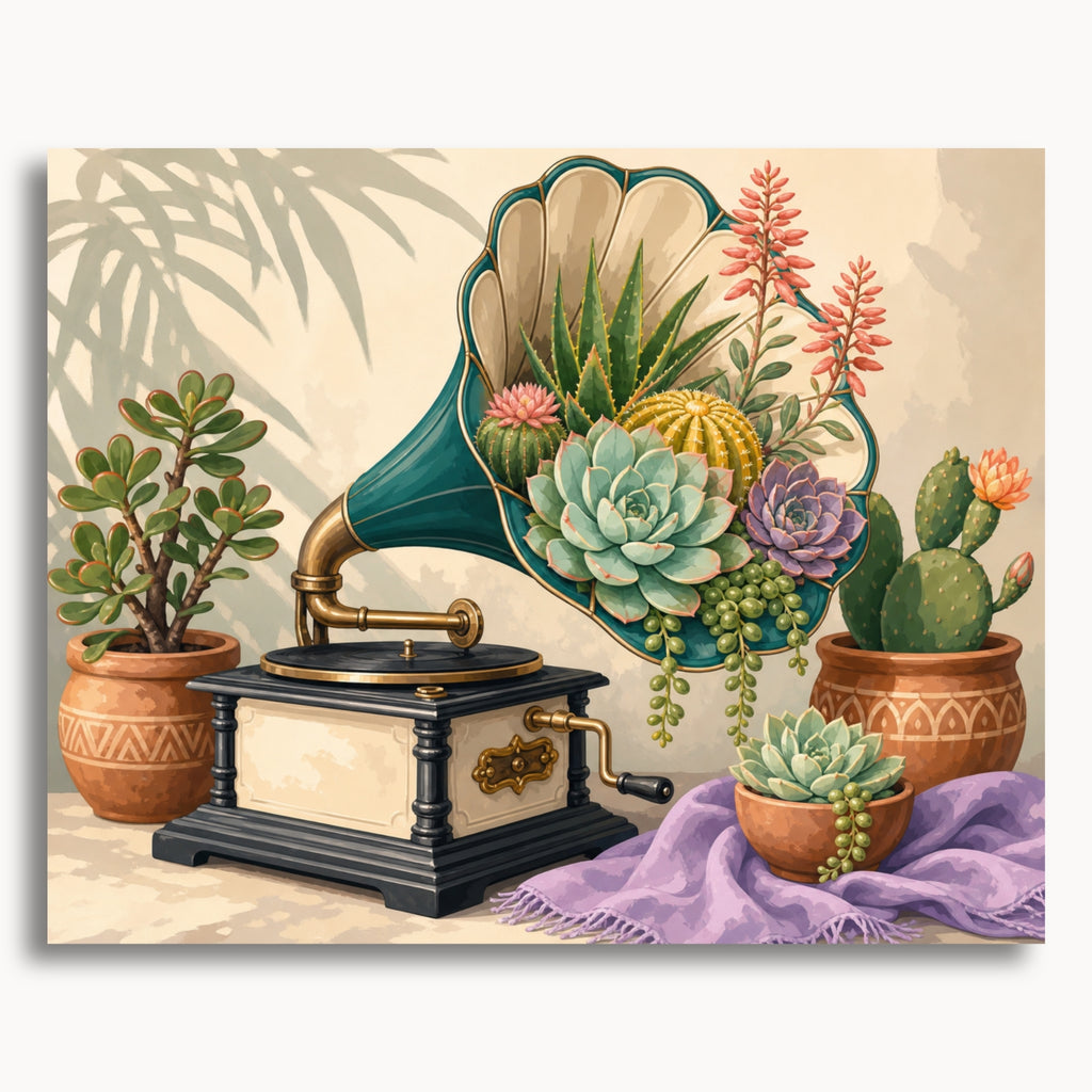 Succulent Gramophone paint by numbers artwork on canvas