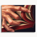 Read Me Slowly: a close-up of a hand pressing between the curved pages of a red-bound book.