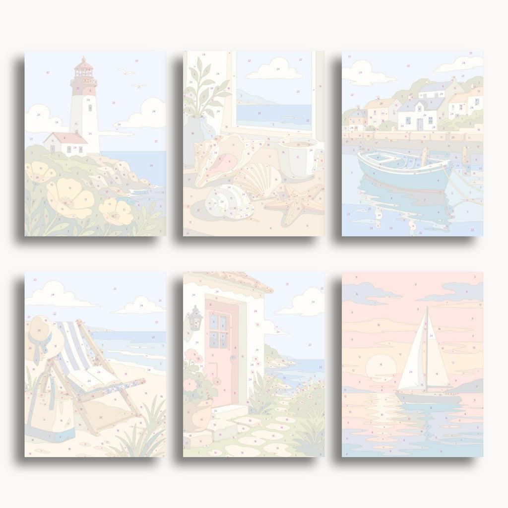 Numbered mini canvas previews for the Coastal Escape set