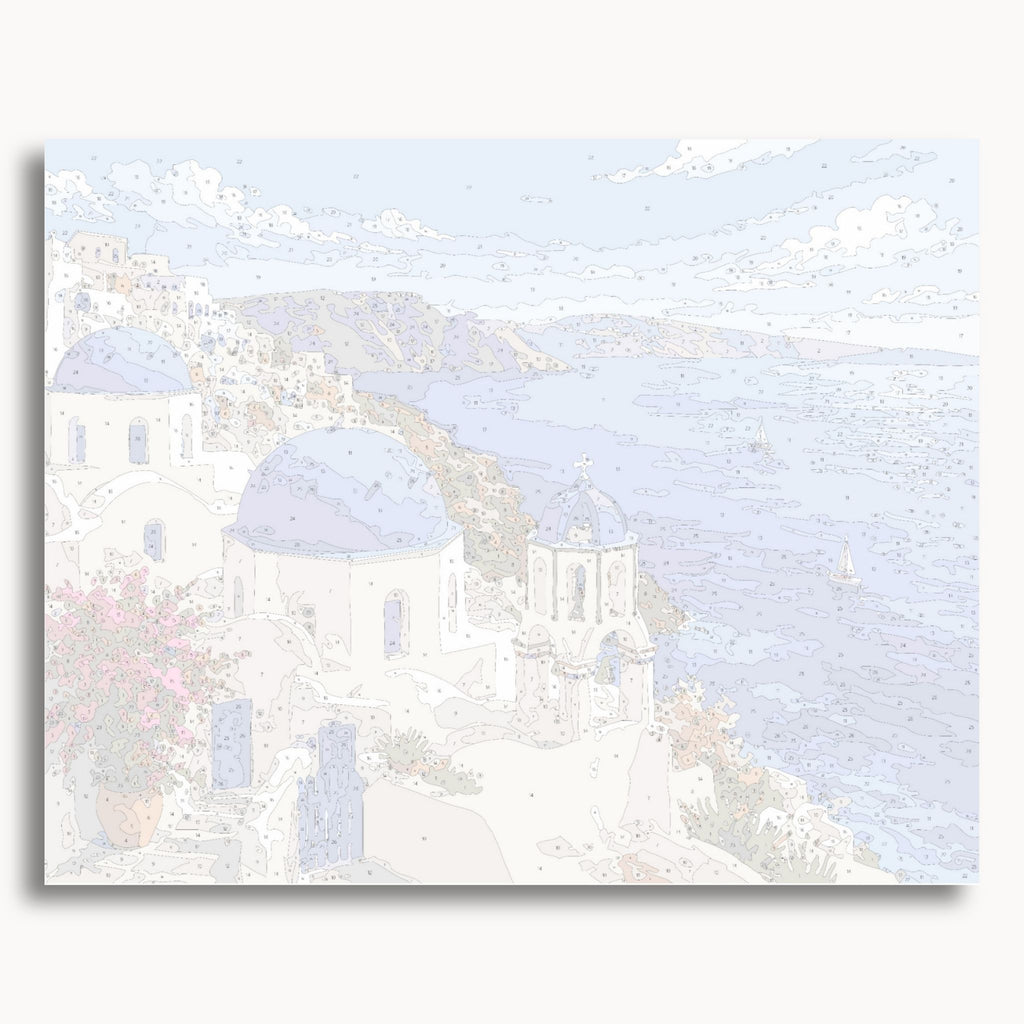 Numbered canvas preview for the Santorini Blue Domes paint by numbers kit