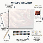 Read Me Slowly kit contents: numbered canvas, paints, three brushes, reference sheet, color key, painting guide and hanging hardware.