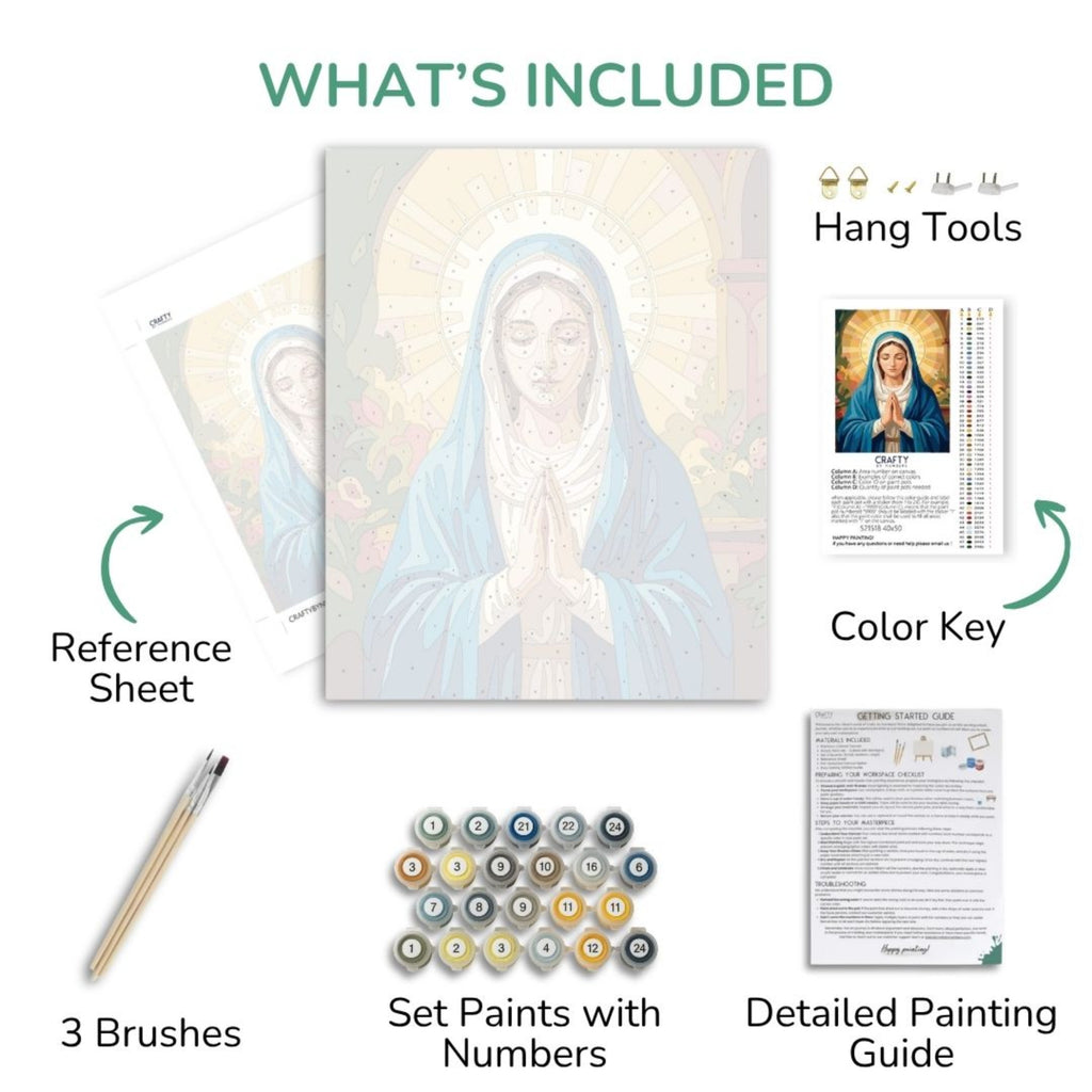 Inhalt des Sacred Prayer-Sets mit nummerierter Leinwand, Farben, Pinseln und Anleitung