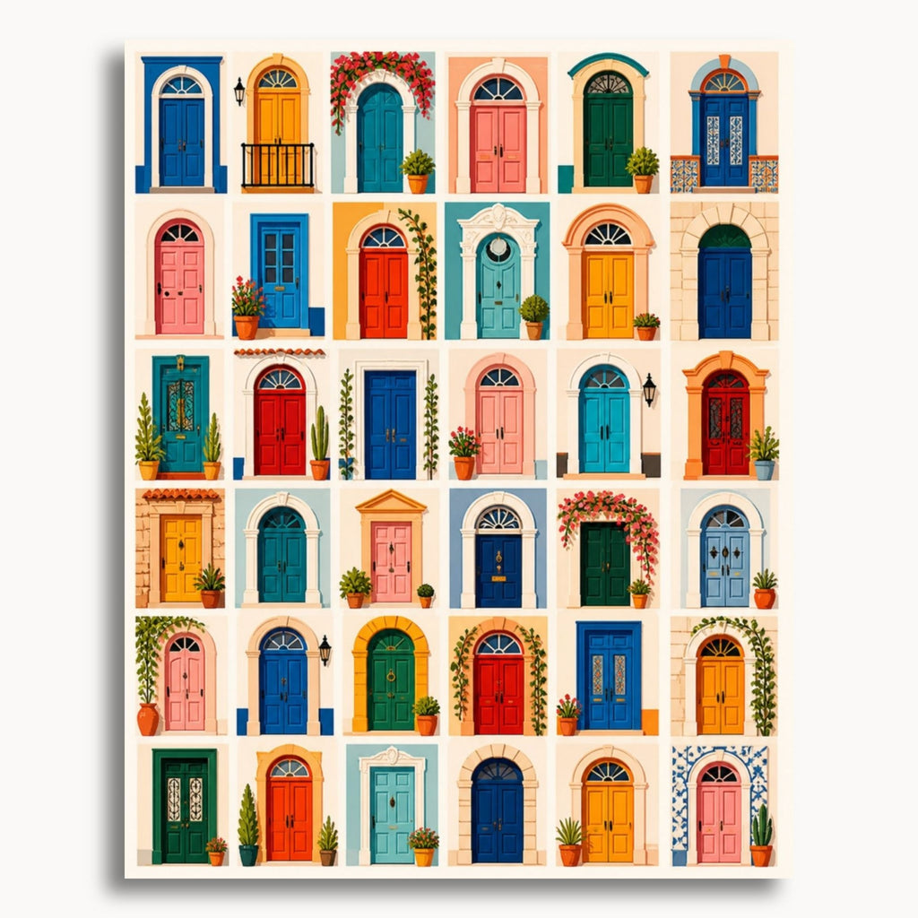 Colorful Doorways paint by numbers artwork on canvas