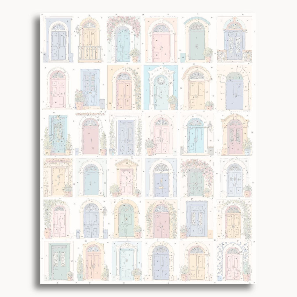 Numbered canvas preview for the Colorful Doorways paint by numbers kit