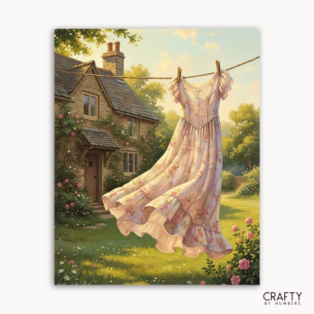 Sunlit Cottage Dress paint by numbers artwork on canvas