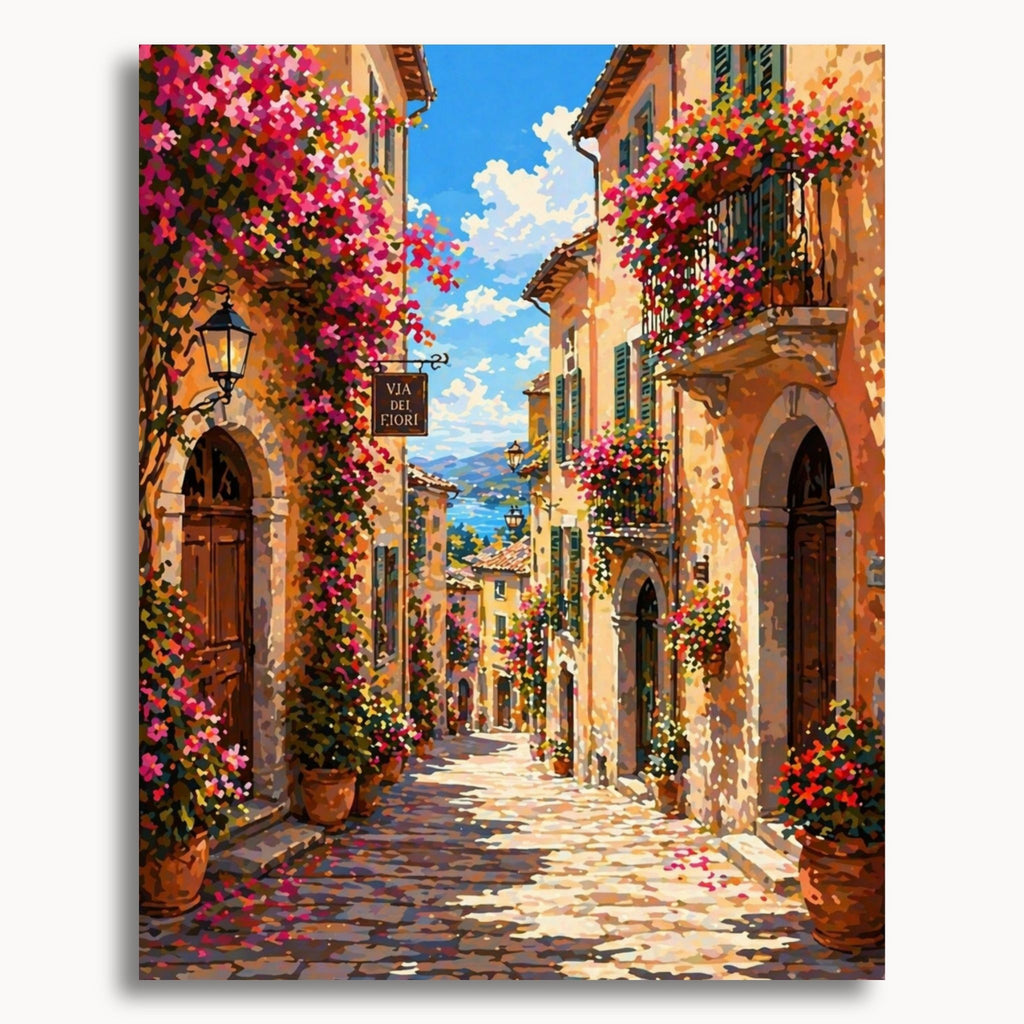 Flower Street Alley paint by numbers artwork on canvas