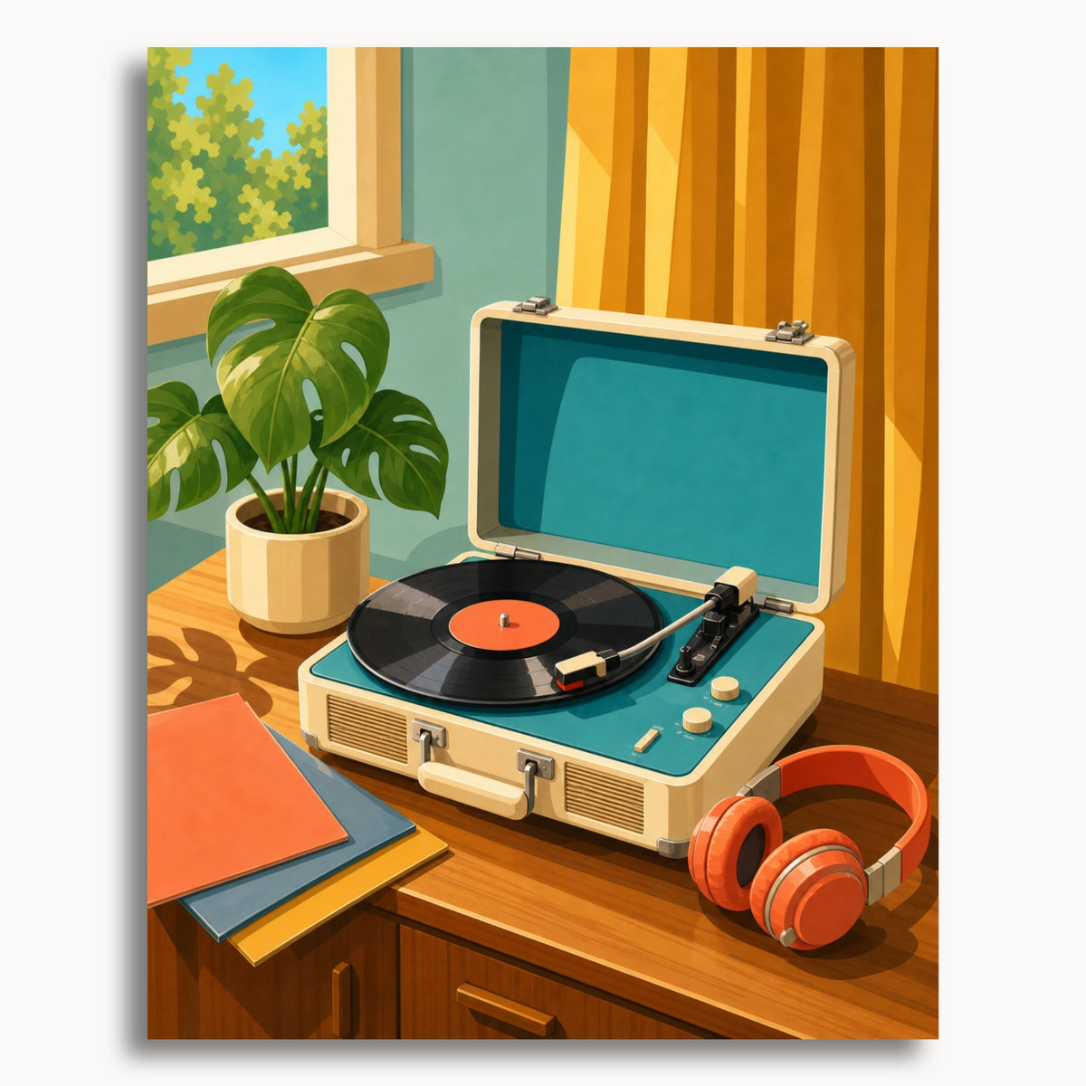 Vintage Record Player: a turquoise suitcase record player with a vinyl record, orange headphones and a houseplant.