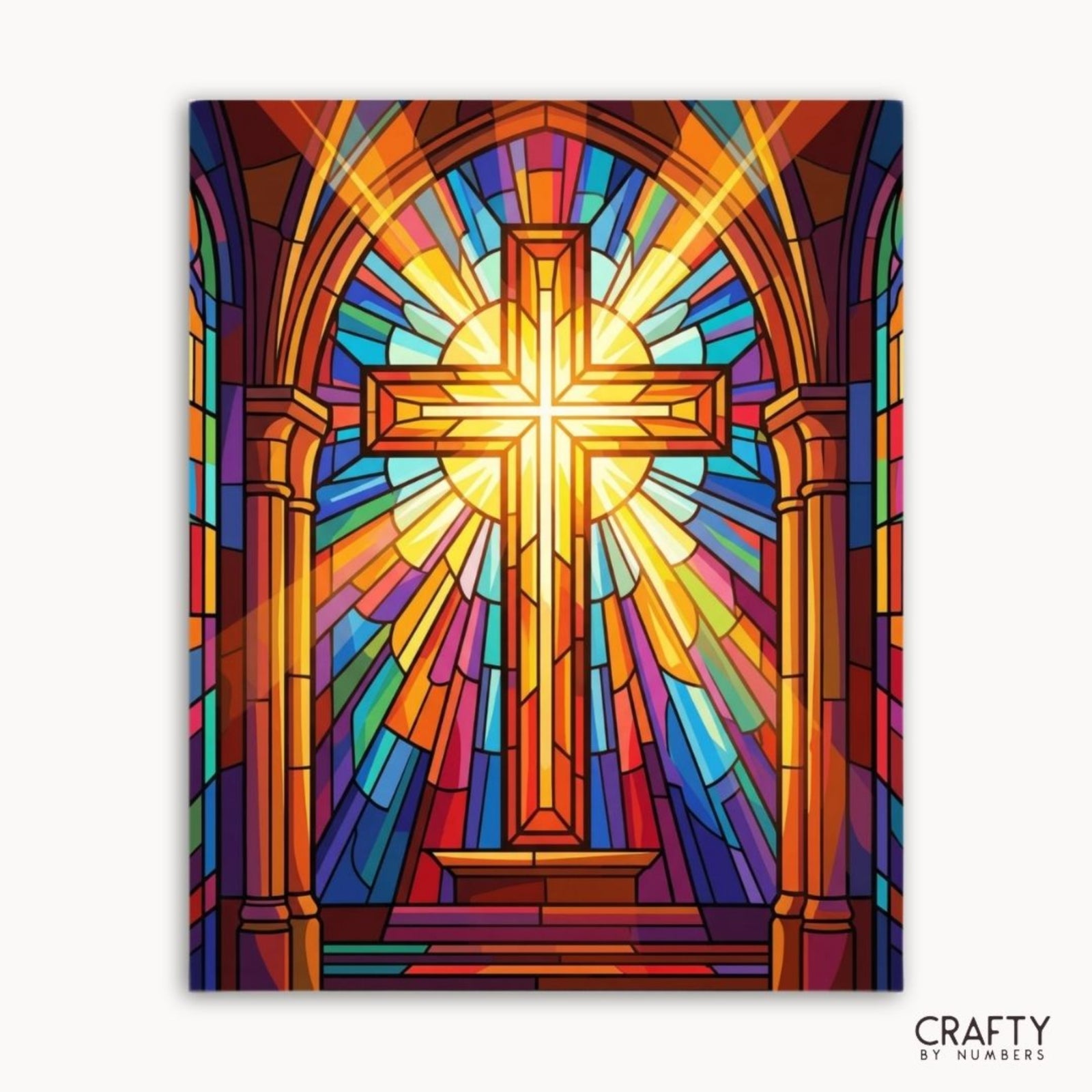 Radiant Glass Cross finished paint by numbers canvas showing a glowing cross in vivid stained glass