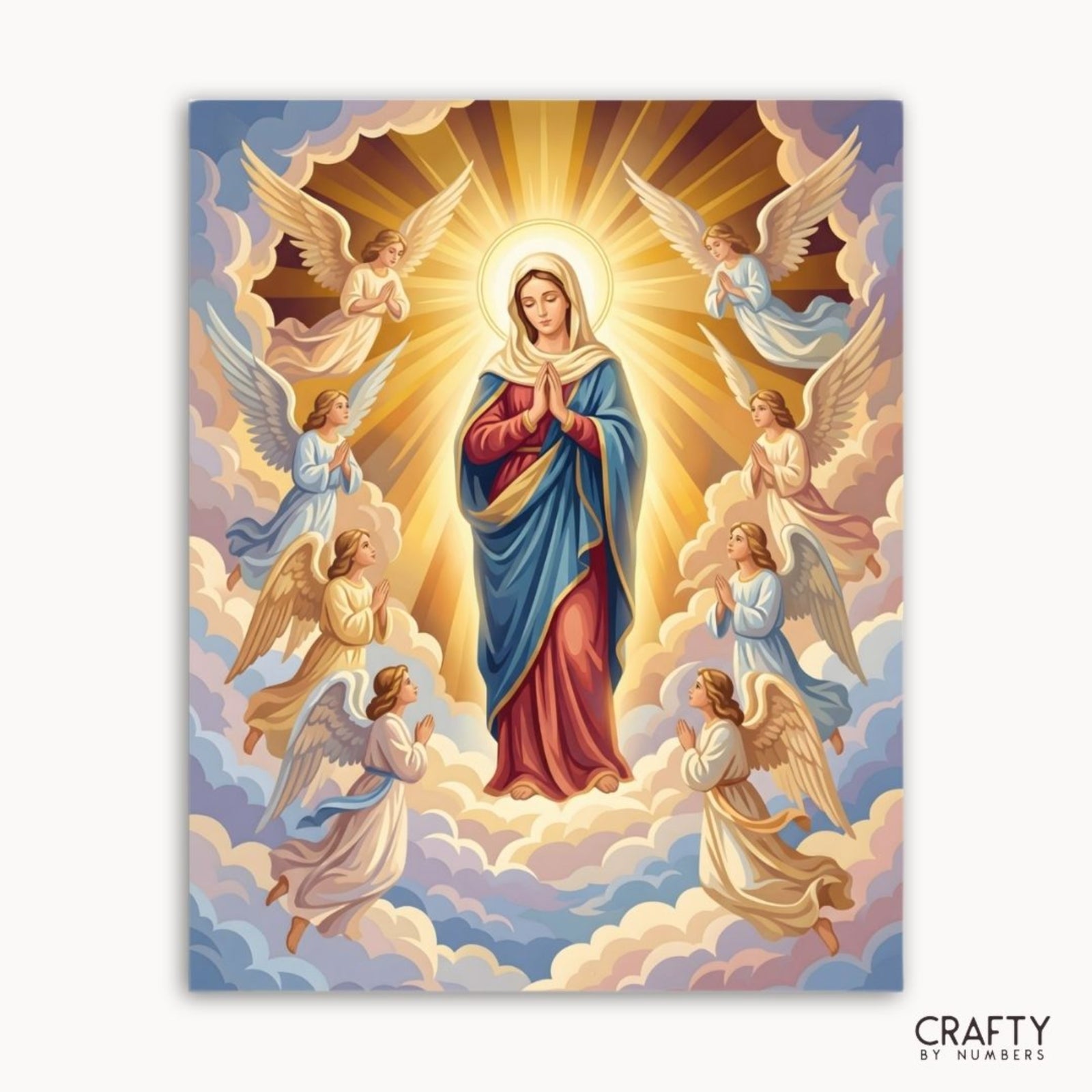 Heavenly Grace Circle finished paint by numbers canvas showing the Madonna surrounded by angels and golden light