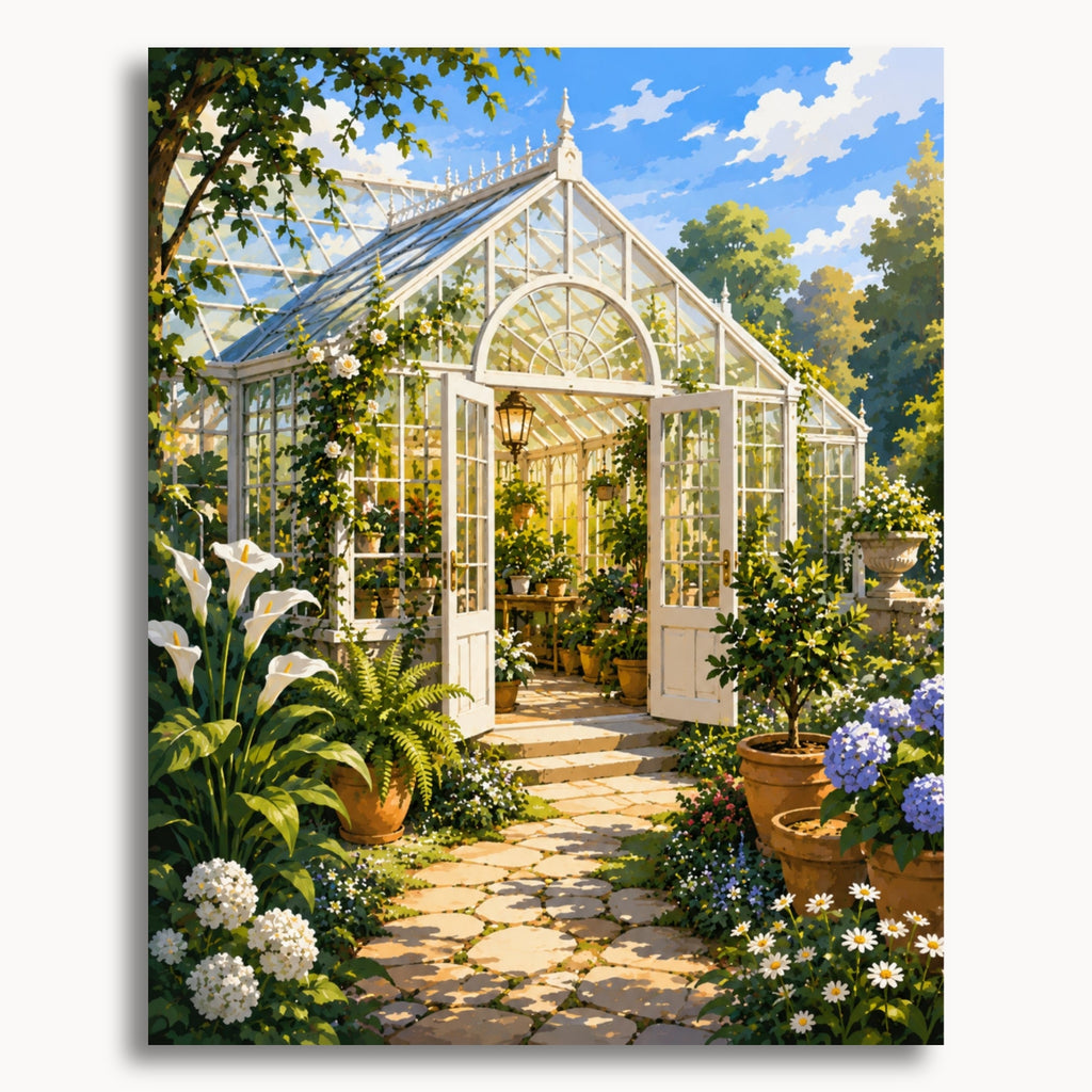 Garden Greenhouse paint by numbers artwork on canvas