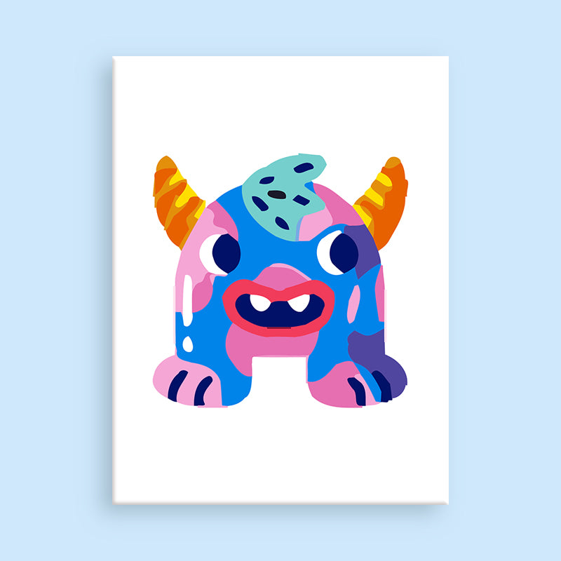 Colorful cartoon monster on a white background with a light blue border