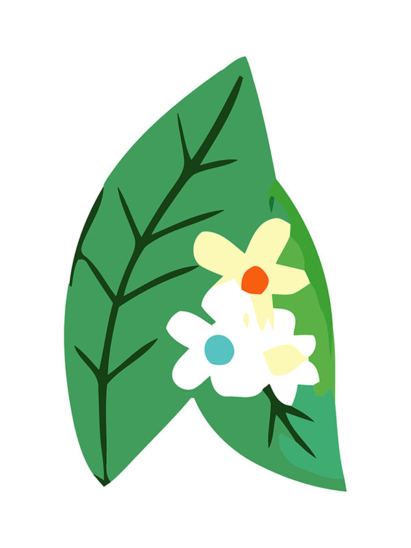 Illustration of a green leaf with flowers on a white background