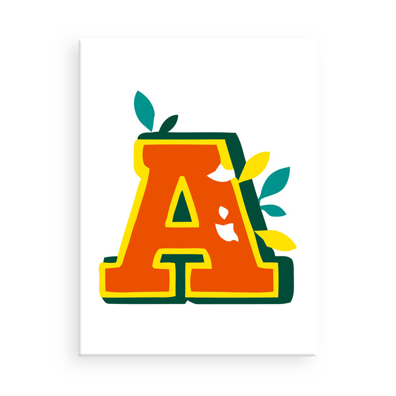 Colorful letter 'A' with leaf designs on a white background