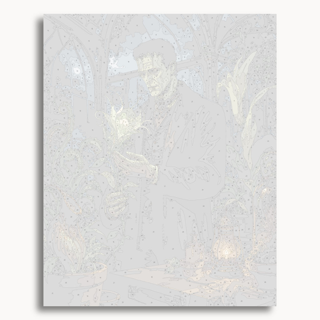Numbered canvas preview for the Frankenstein Botanist paint by numbers kit