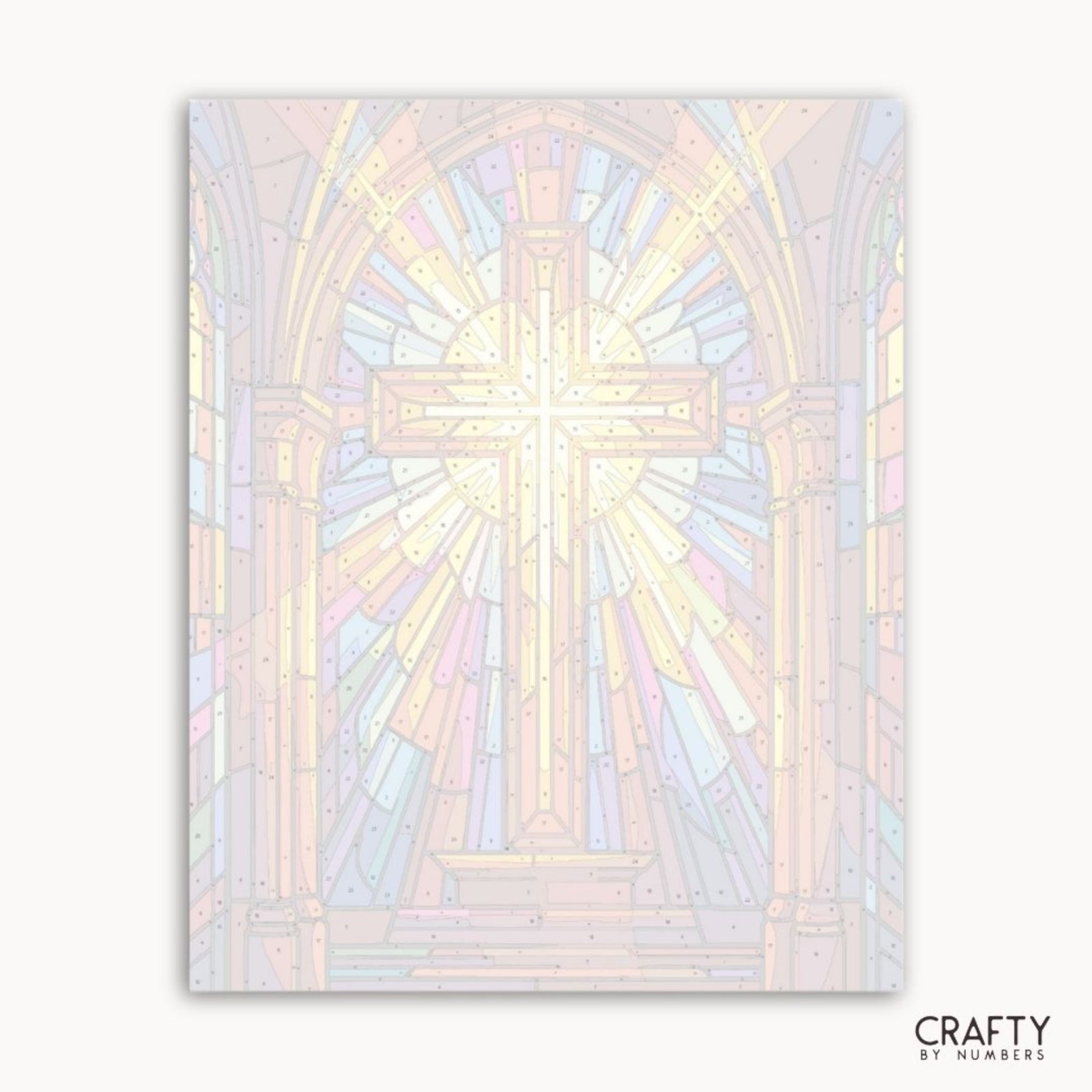Numbered canvas preview for Radiant Glass Cross paint by numbers with outlined color sections