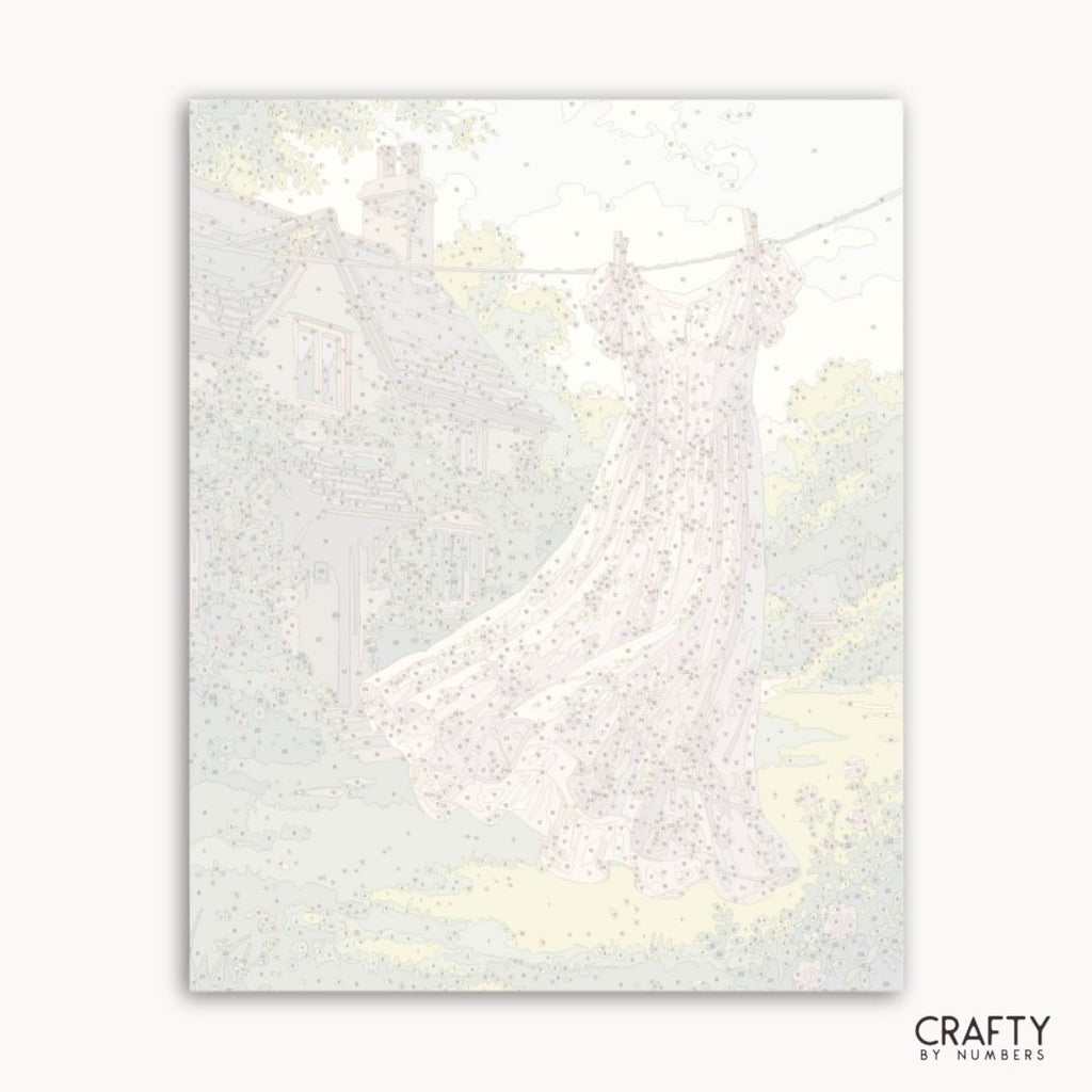 Numbered canvas preview for the Sunlit Cottage Dress paint by numbers kit