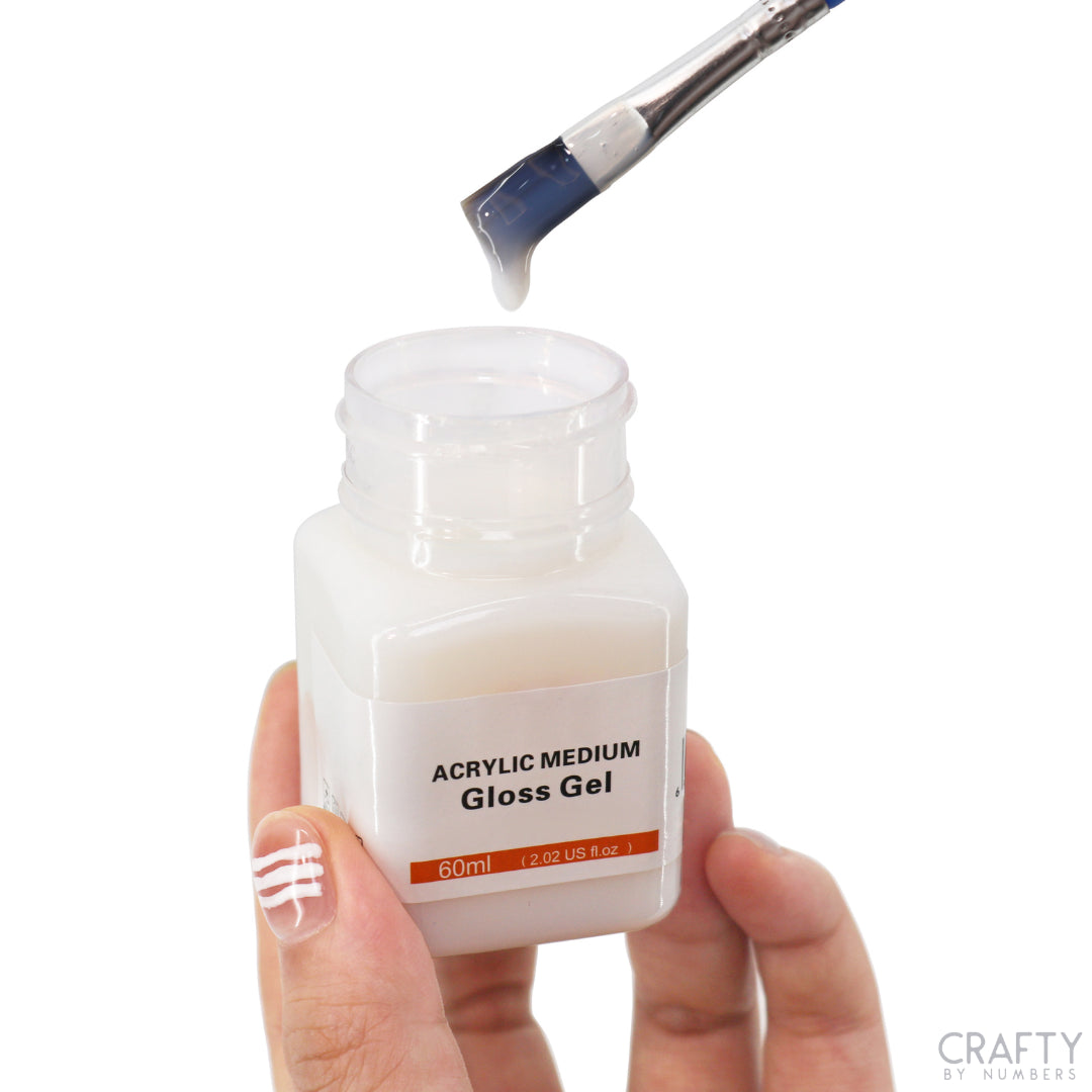 Eine Hand hält eine kleine Flasche mit der Aufschrift „Acrylic Medium Gloss Gel“. Dargestellt ist ein Pinsel, von dem Farbe tropft, was darauf hinweist, dass das Produkt zum Malen verwendet wird.