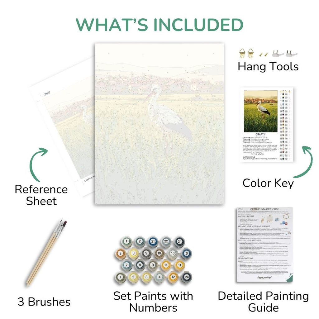 Golden Meadow Stork kit contents with numbered canvas, paints, brushes and guide