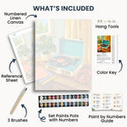 Contenido del kit Vintage Record Player: lienzo numerado, pinturas, tres pinceles, hoja de referencia, clave de color, guía de pintura y accesorios para colgar.