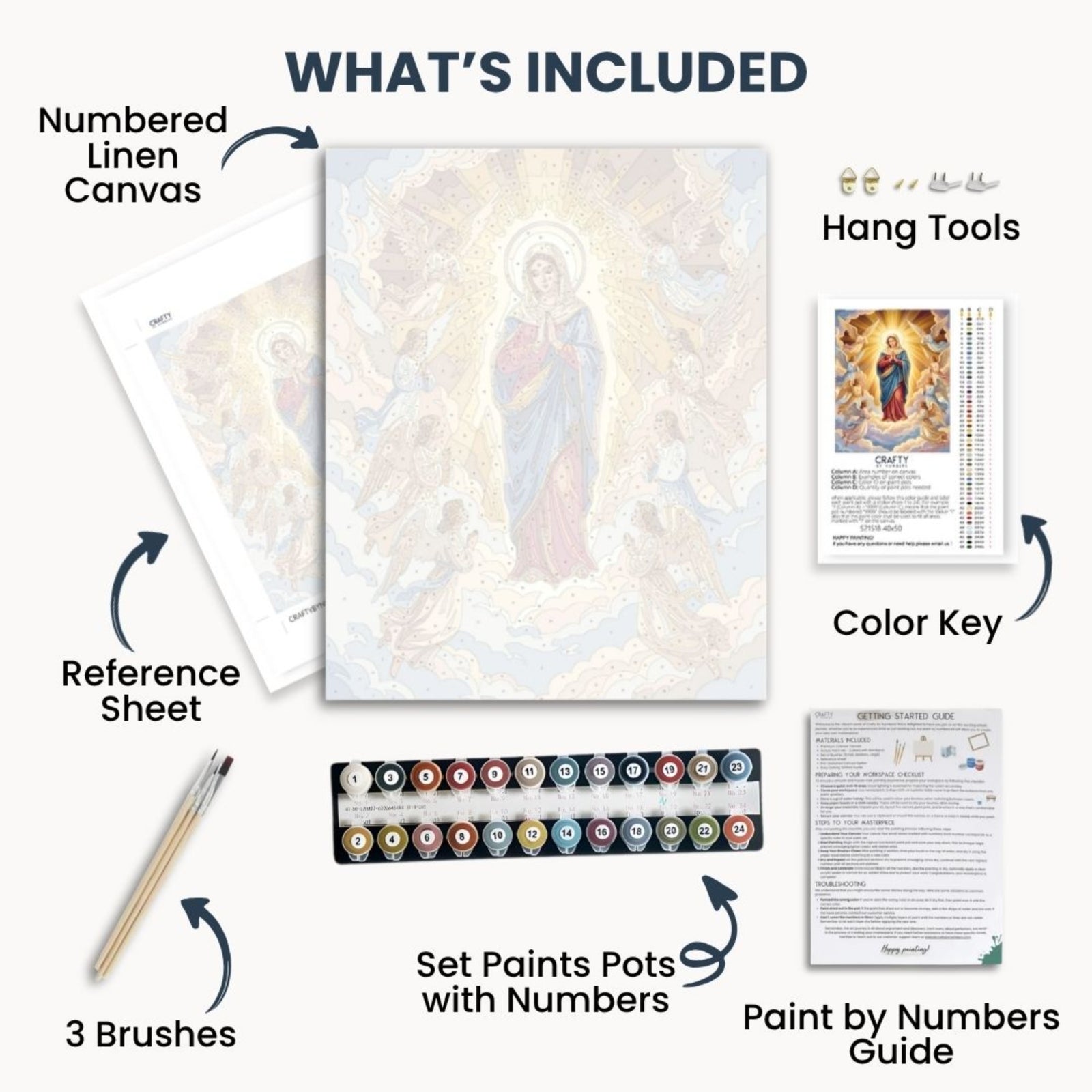 Heavenly Grace Circle paint by numbers kit contents with canvas, acrylic paints, brushes, color key and guide