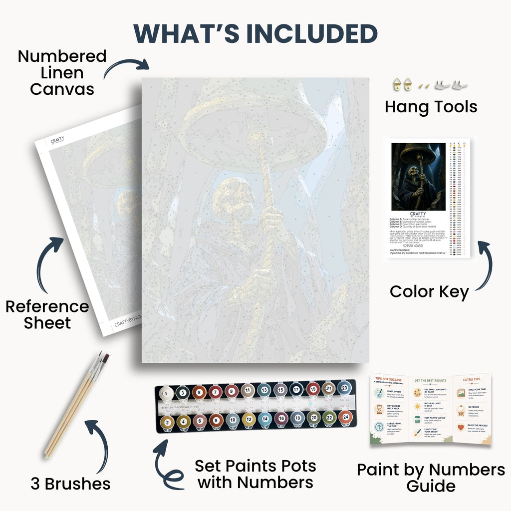 Midnight Bell Ringer kit contents with numbered canvas, paints, brushes and guide