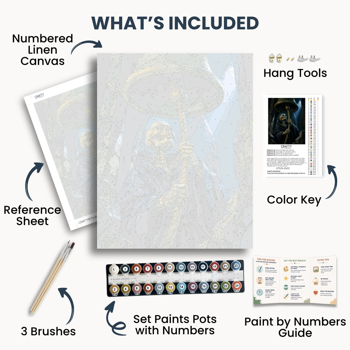 Midnight Bell Ringer kit contents with numbered canvas, paints, brushes and guide