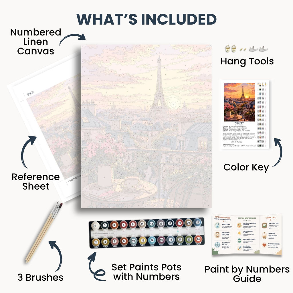 Paris Sunset kit contents with numbered canvas, paints, brushes and guide