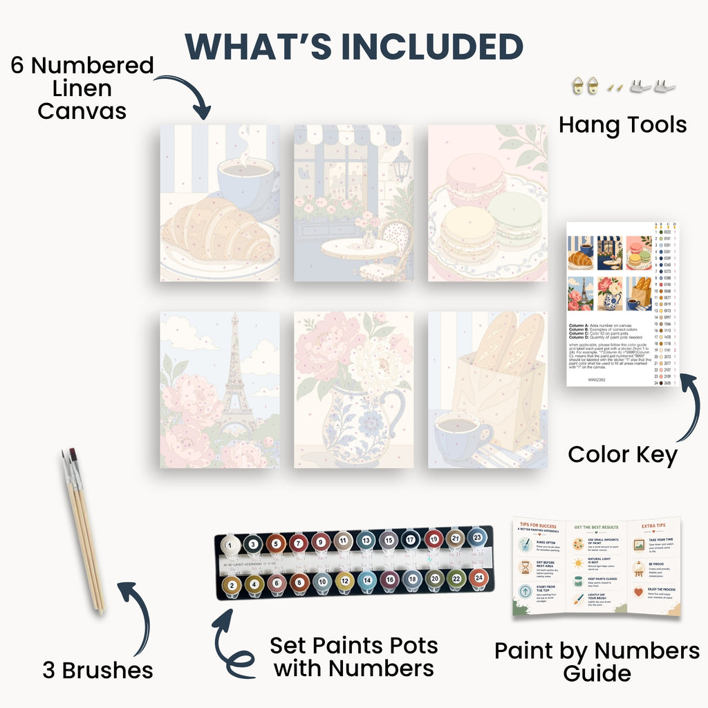 Paris Café mini kit contents with six canvases, paints, brushes and guide