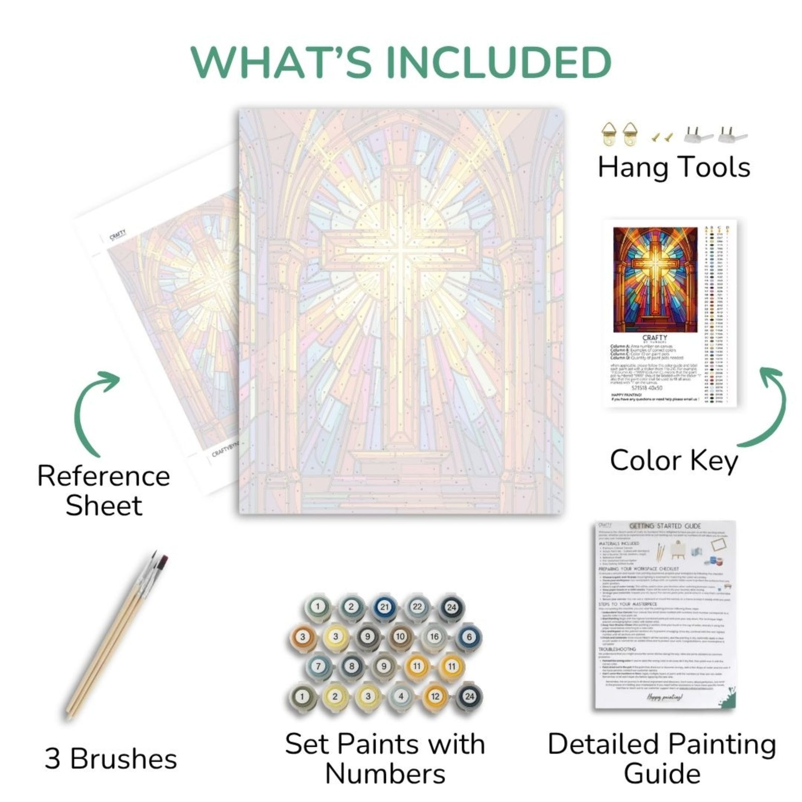Radiant Glass Cross paint by numbers kit contents with canvas, acrylic paints, brushes, color key and guide