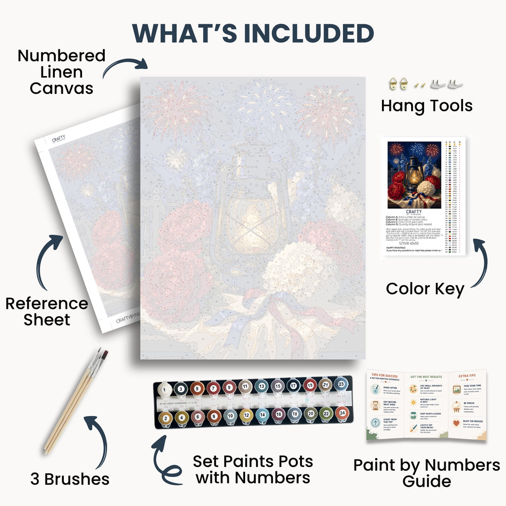 Patriotic Lantern kit contents with numbered canvas, paints, brushes and guide