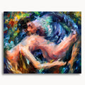 Dissolve Into You: two intertwined figures in an embrace, surrounded by swirling blue, green and warm brushstrokes.