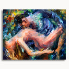 Dissolve Into You: two intertwined figures in an embrace, surrounded by swirling blue, green and warm brushstrokes.