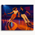 Roller Skating Couple: a couple roller skating together across a colorful wooden rink.