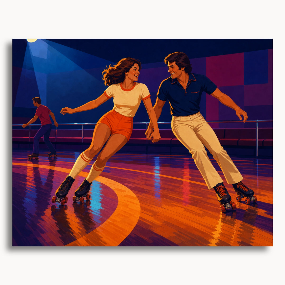 Roller Skating Couple: a couple roller skating together across a colorful wooden rink.